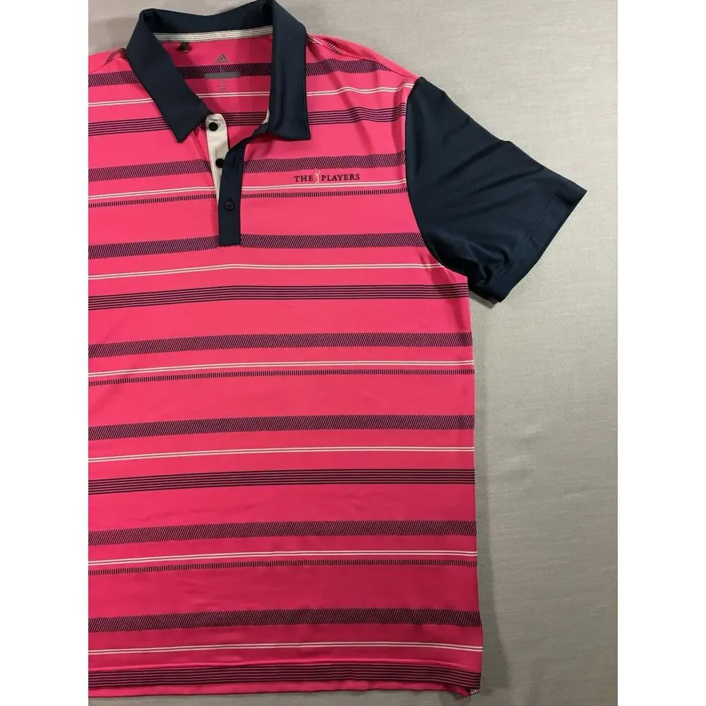 Adidas Golf Polo Men’s Large Pink Navy Striped The Players Championship Shirt